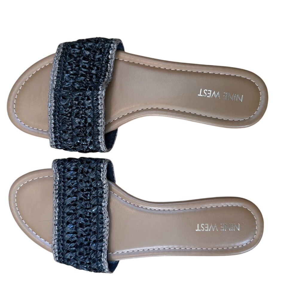 Nine West Belina Black Woven Raffia Slide Sandals Womens 8M Flat Summer Shoes